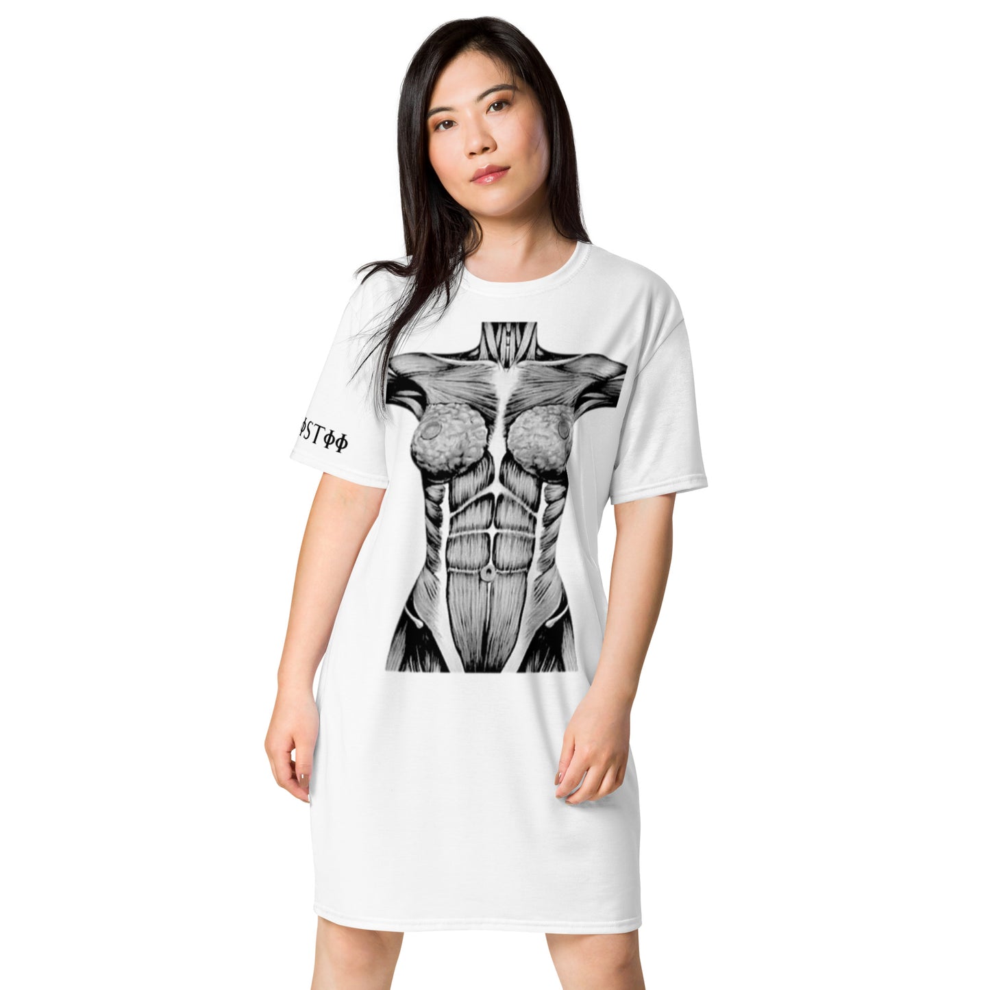 White muscle anatomy t-shirt dress by kallistii featuring detailed black muscle structure graphic
