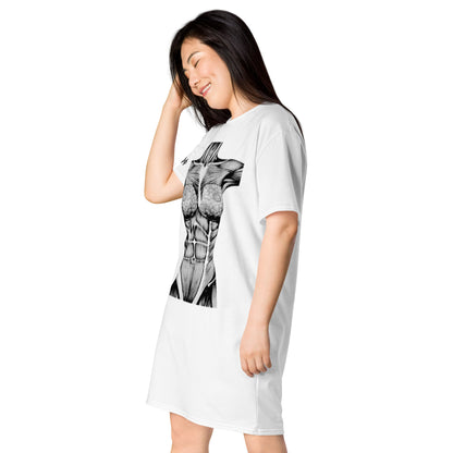 White muscle anatomy t-shirt dress with detailed black muscle print worn by smiling woman