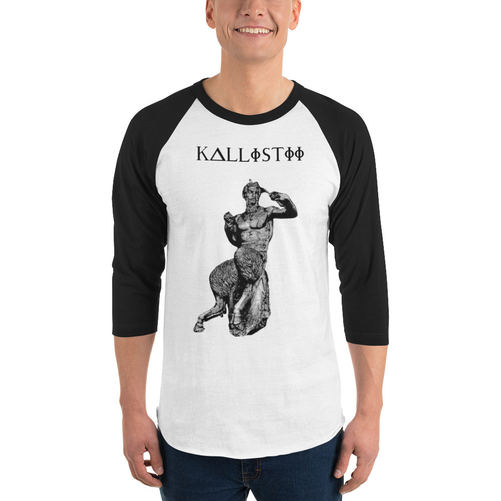Kallistii Pan graphic baseball tee with black sleeves and artistic statue design on front