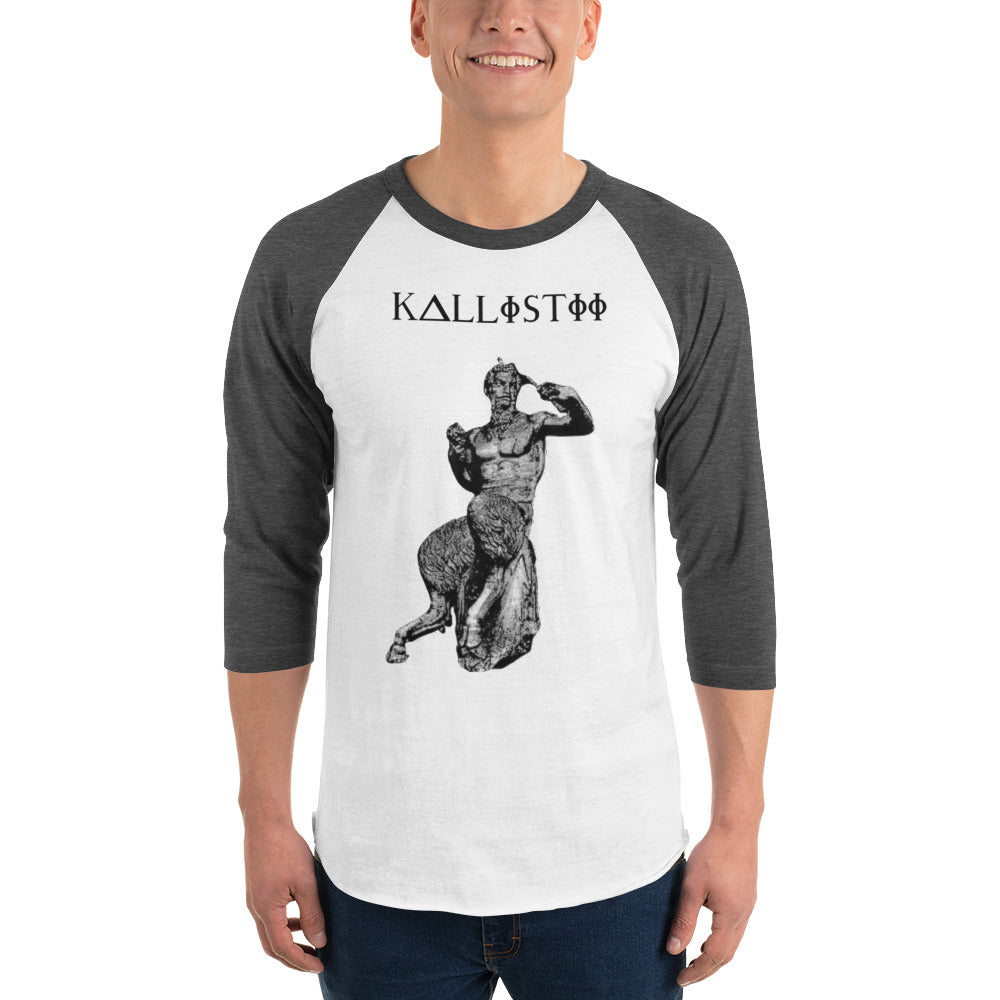 Kallistii Pan graphic baseball tee with black raglan sleeves and statue print on front