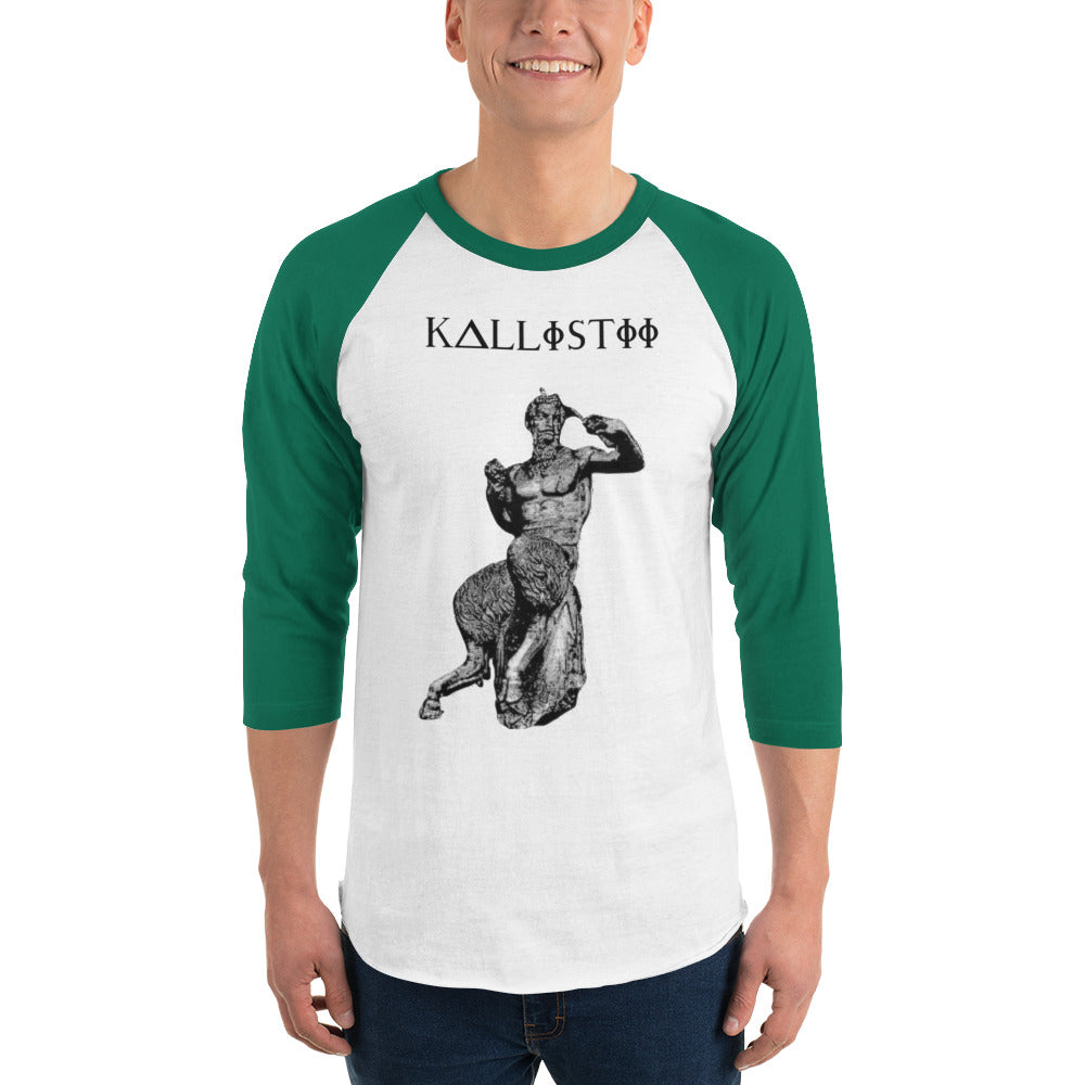 Kallistii Pan graphic baseball tee featuring green sleeves and a classical statue print on white body