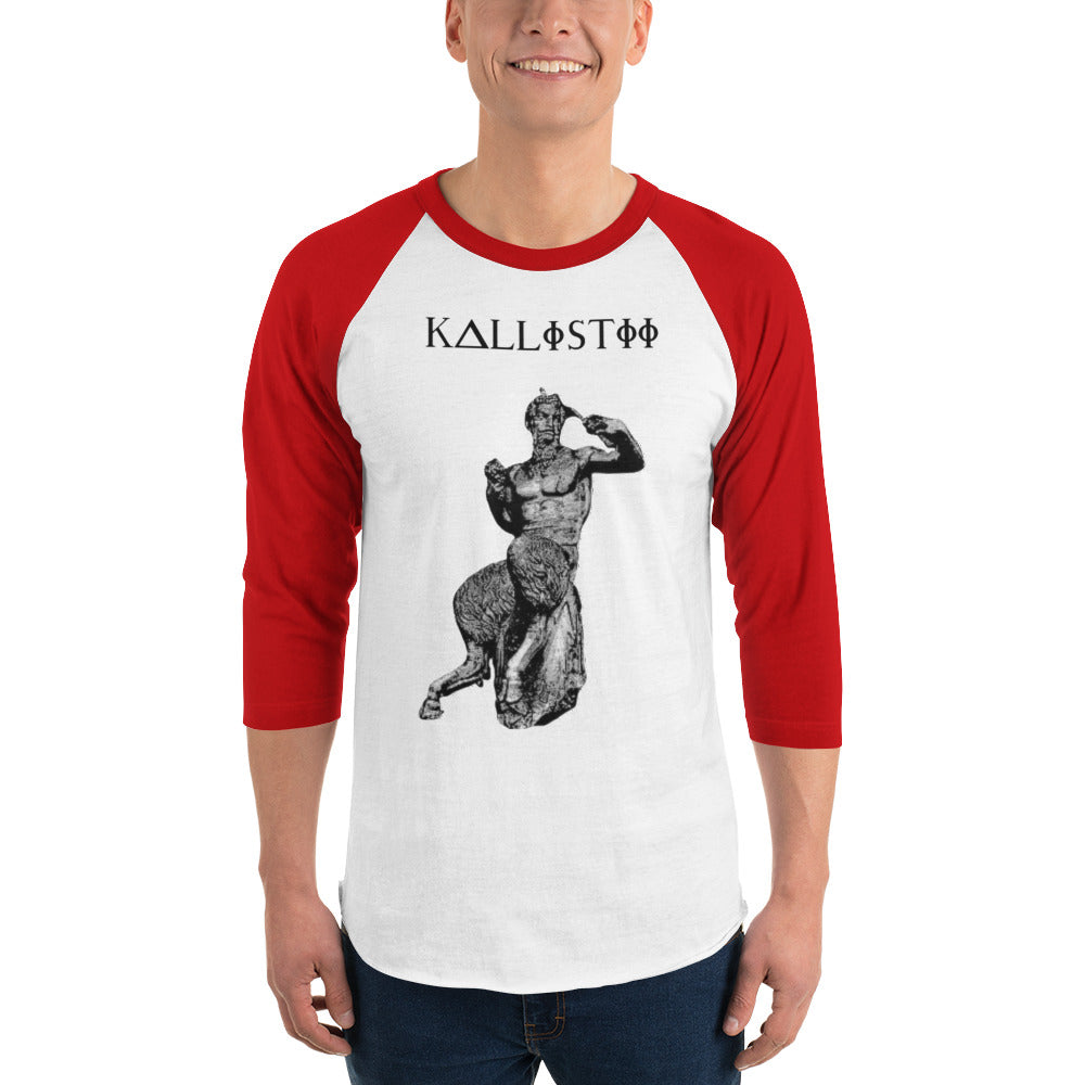 Kallistii Pan graphic baseball tee with red sleeves and black centaur statue print on white
