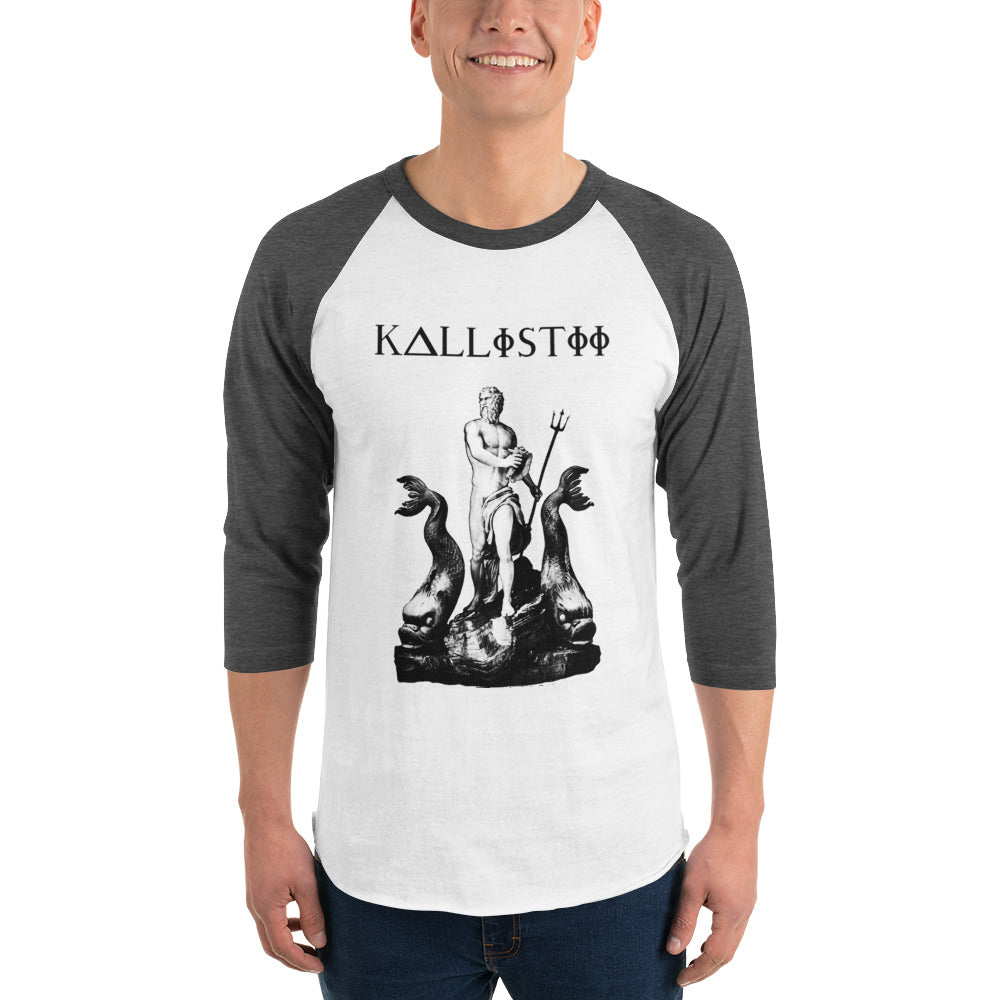 Kallistii Poseidon raglan shirt with black and white design featuring Poseidon statue and black sleeves