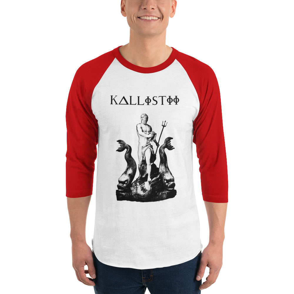Kallistii Poseidon raglan shirt with red sleeves and white body featuring Poseidon graphic print