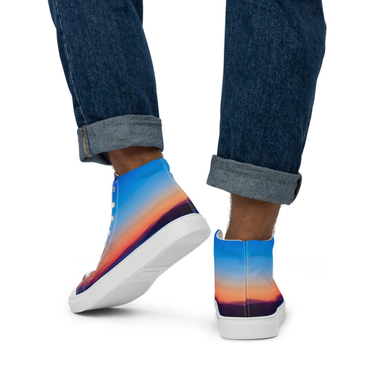Kallistii skyline high top sneakers for men featuring vibrant sunset gradient design with white soles