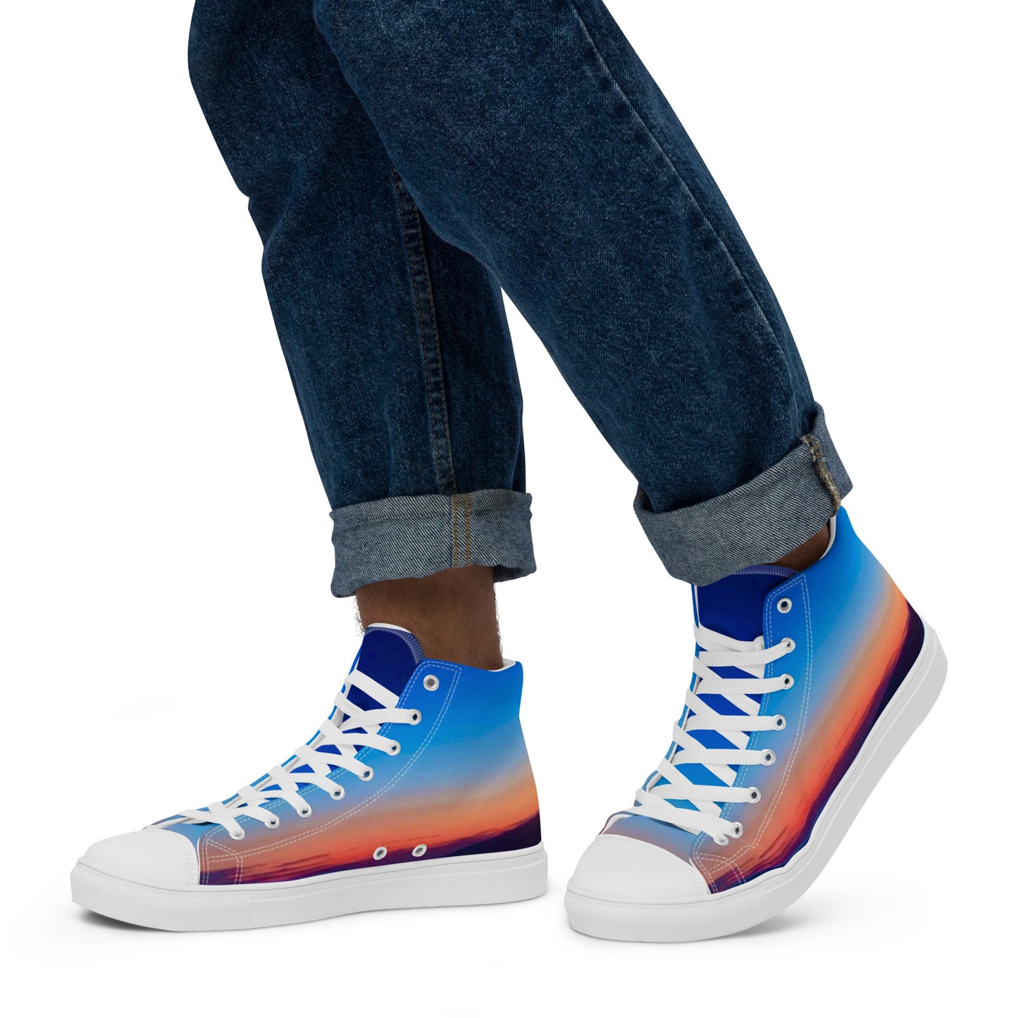 Kallistii skyline high top sneakers for men featuring blue and orange gradient design with white laces and soles