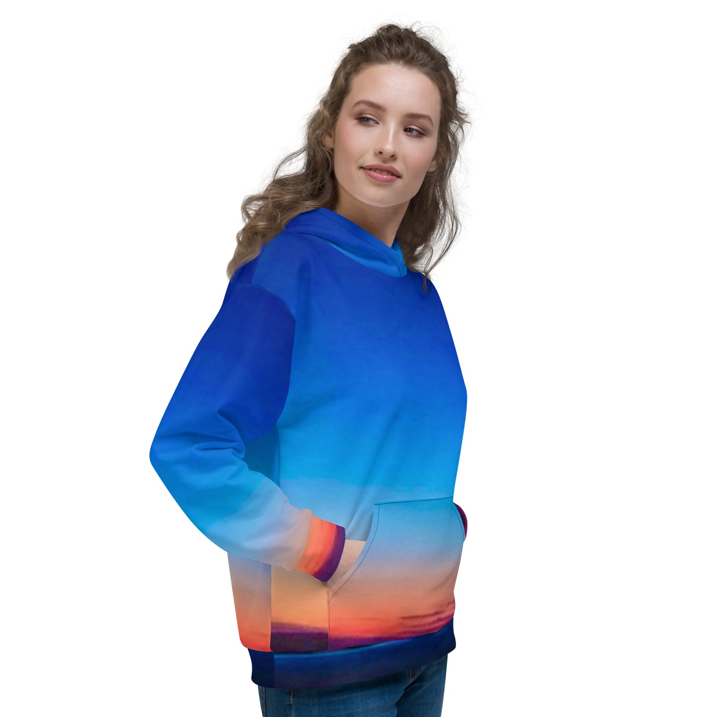 Kallistii skyline hoodie unisex featuring a vibrant sunset skyline design with blue and orange tones