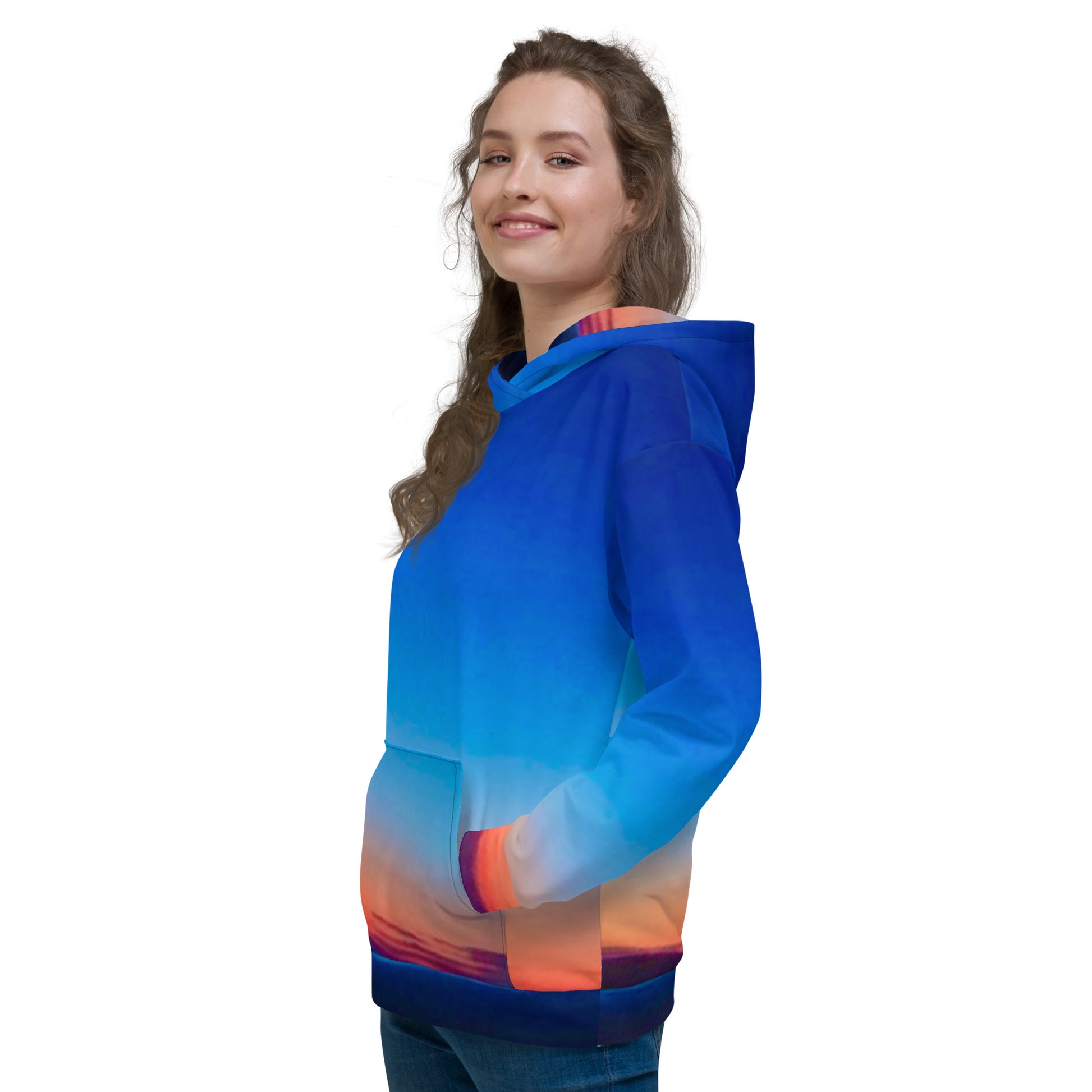 Kallistii skyline hoodie unisex featuring a blue to orange gradient design with a comfortable fit