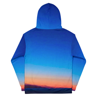 Back view of kallistii skyline hoodie unisex featuring a gradient sunset sky design in blue and orange colors