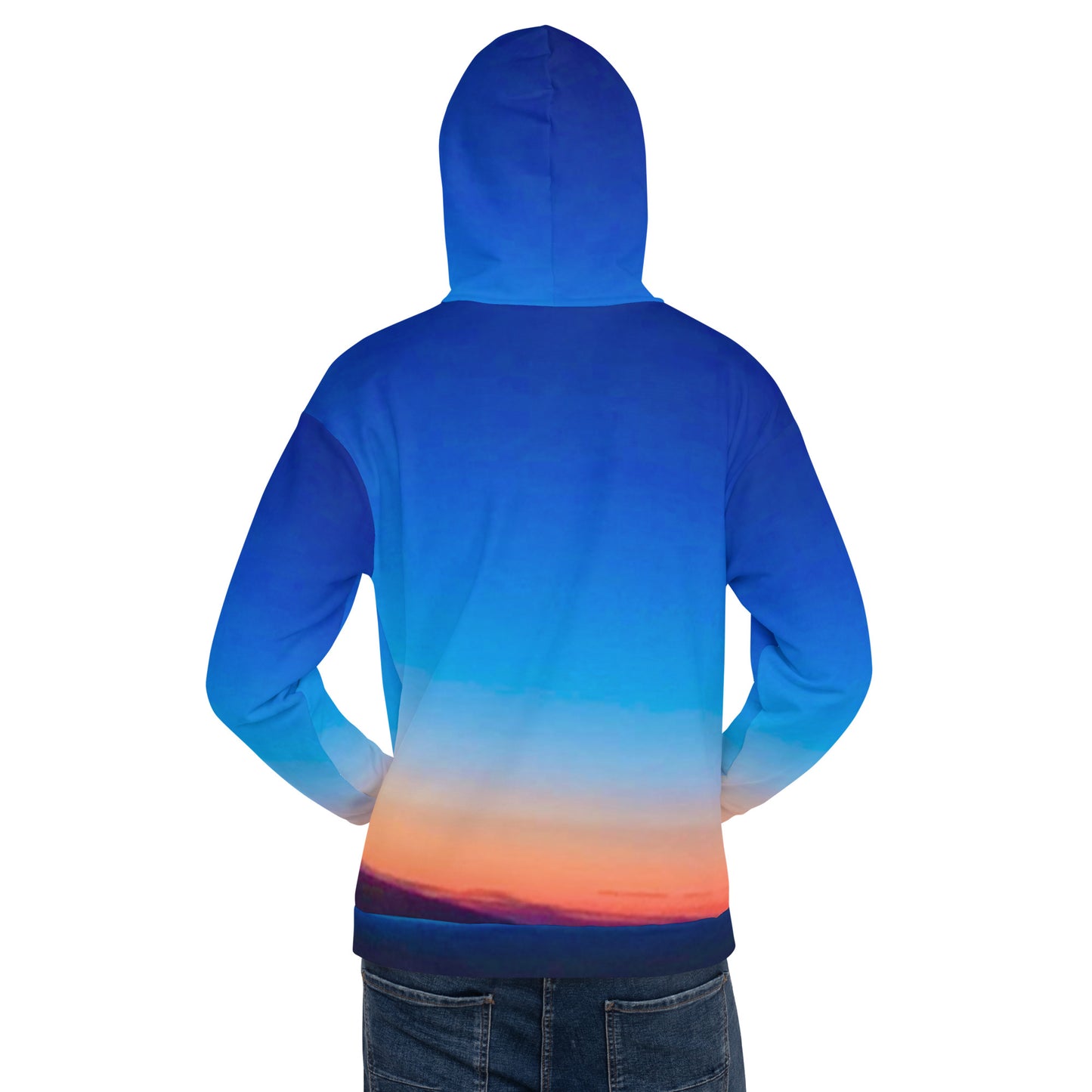 Back view of kallistii skyline hoodie unisex with blue gradient and sunset design