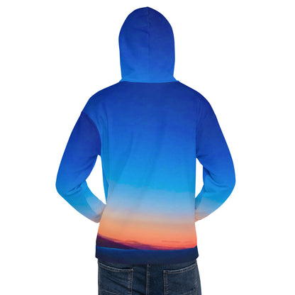Back view of kallistii skyline hoodie unisex with blue gradient and sunset design