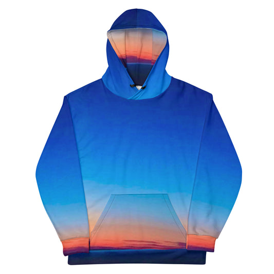Kallistii skyline hoodie unisex with blue and orange gradient sunset design and front pocket