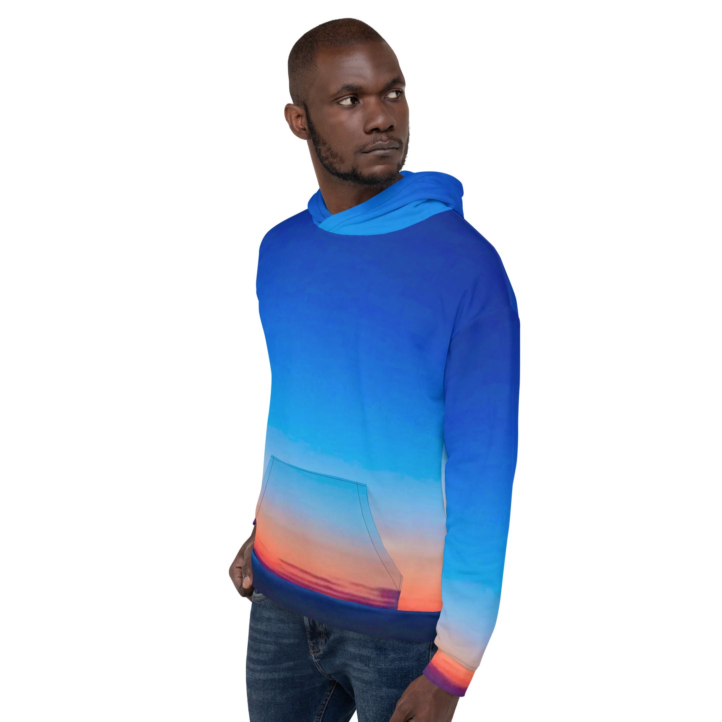 kallistii skyline hoodie unisex with blue and sunset gradient design worn by male model