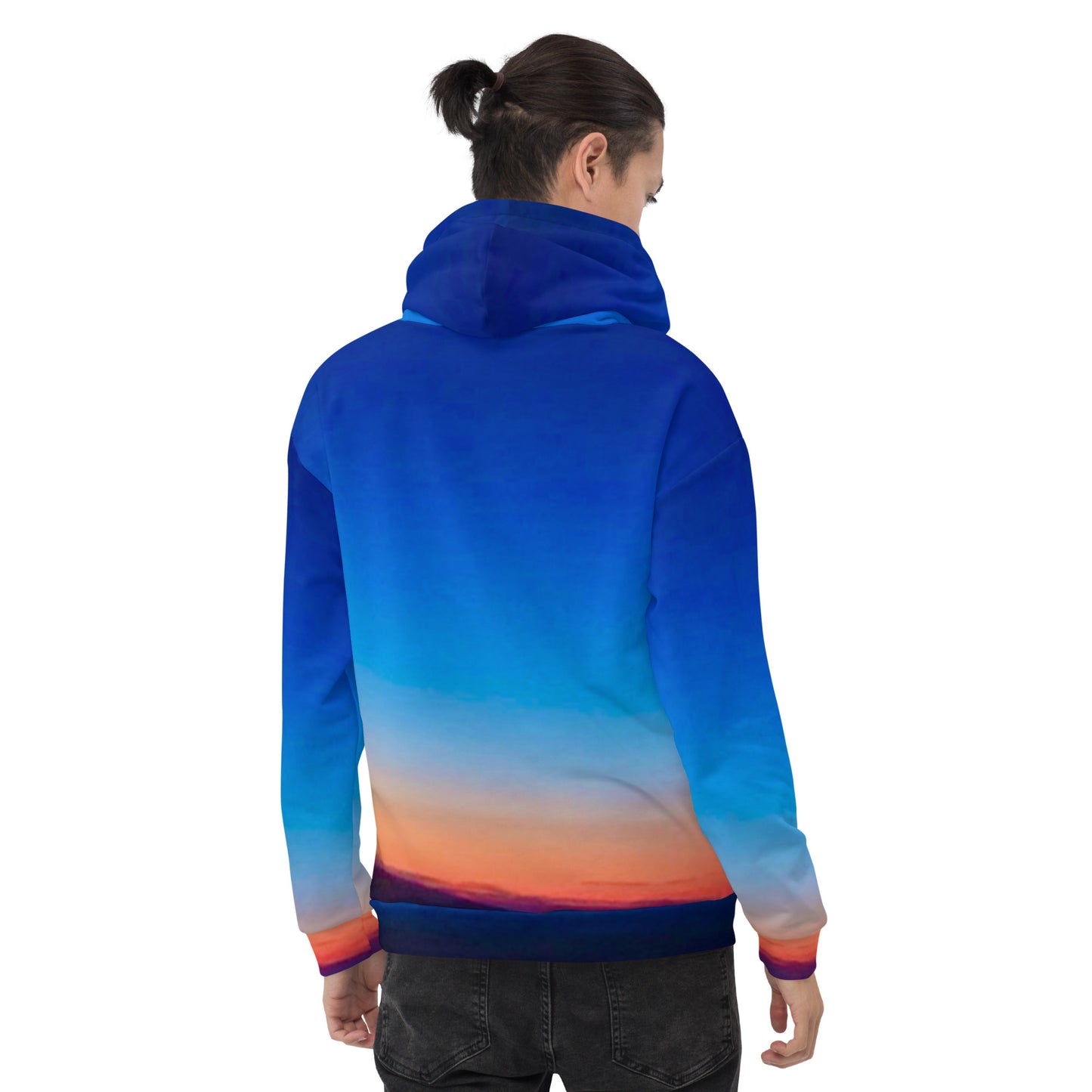 Back view of man wearing kallistii skyline hoodie unisex with gradient blue to orange sunset design