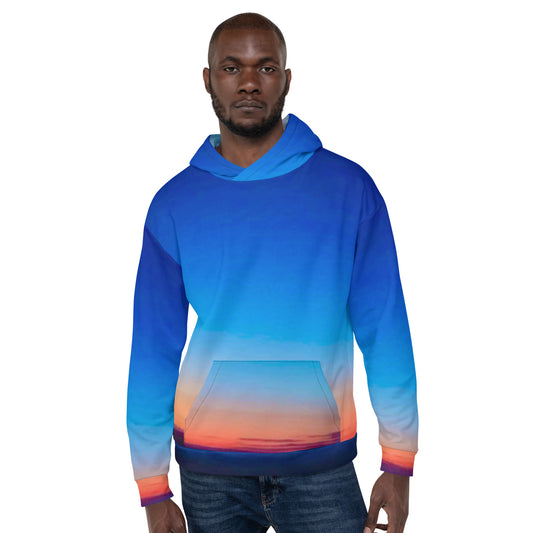 Kallistii skyline hoodie unisex featuring a gradient sunset design in blue orange and pink hues