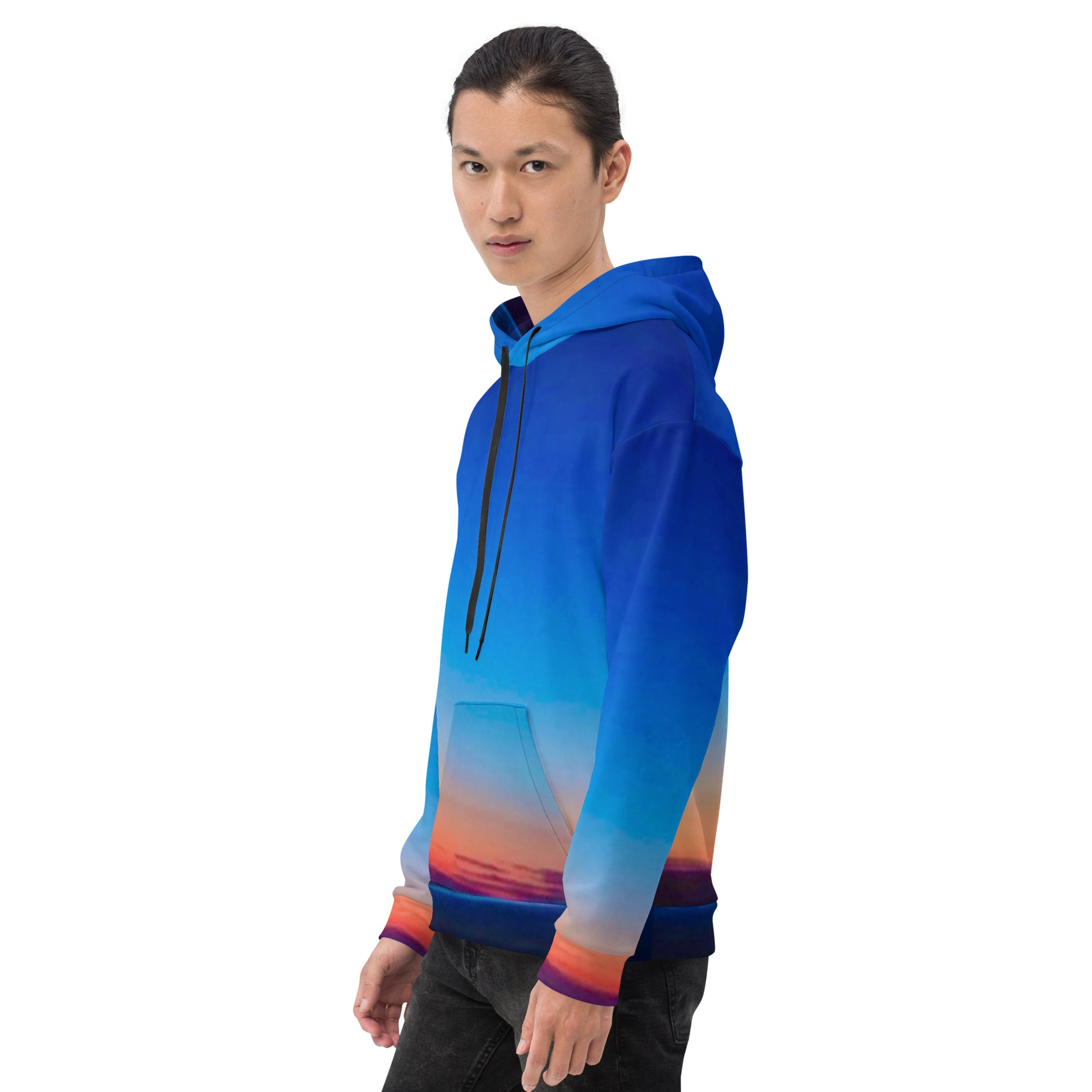 Kallistii skyline hoodie unisex in blue with orange sunset gradient worn by male model