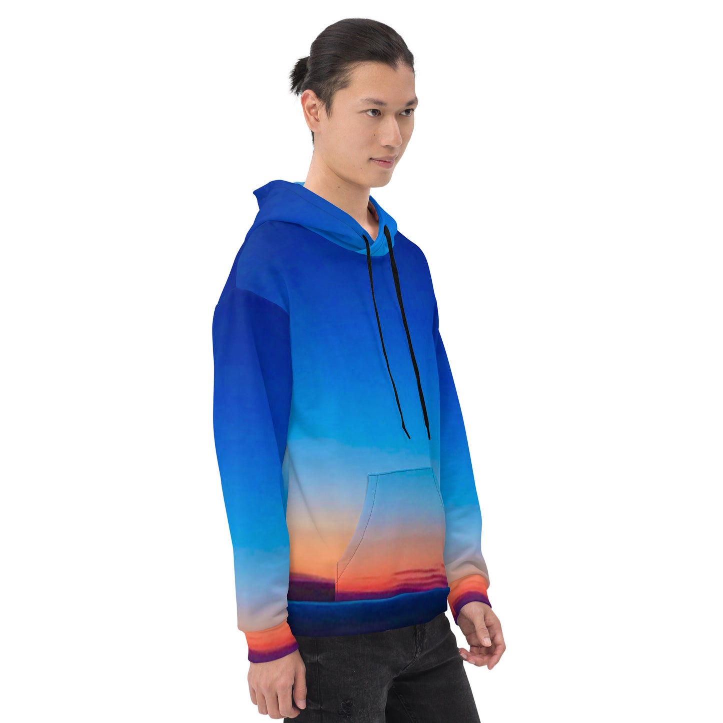 Kallistii skyline hoodie unisex featuring a vibrant sunset cityscape design with blue and orange gradient