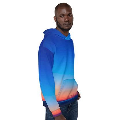 Kallistii skyline hoodie unisex with blue and orange gradient sunset design worn by male model