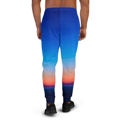 Back view of skyline mens joggers with blue and sunset gradient design by kallistii