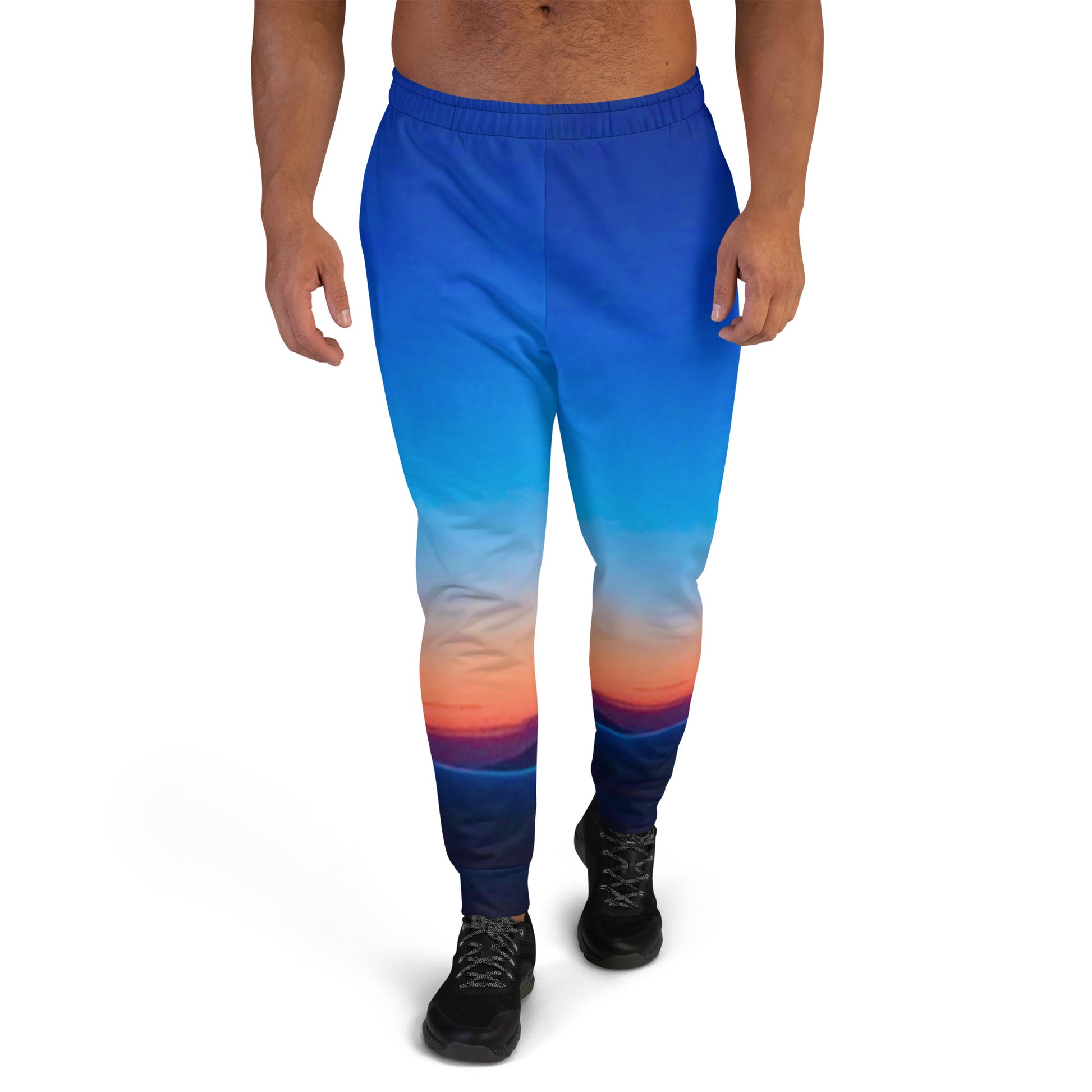 Kallistii skyline mens joggers featuring a colorful gradient sunset design with blue and orange hues