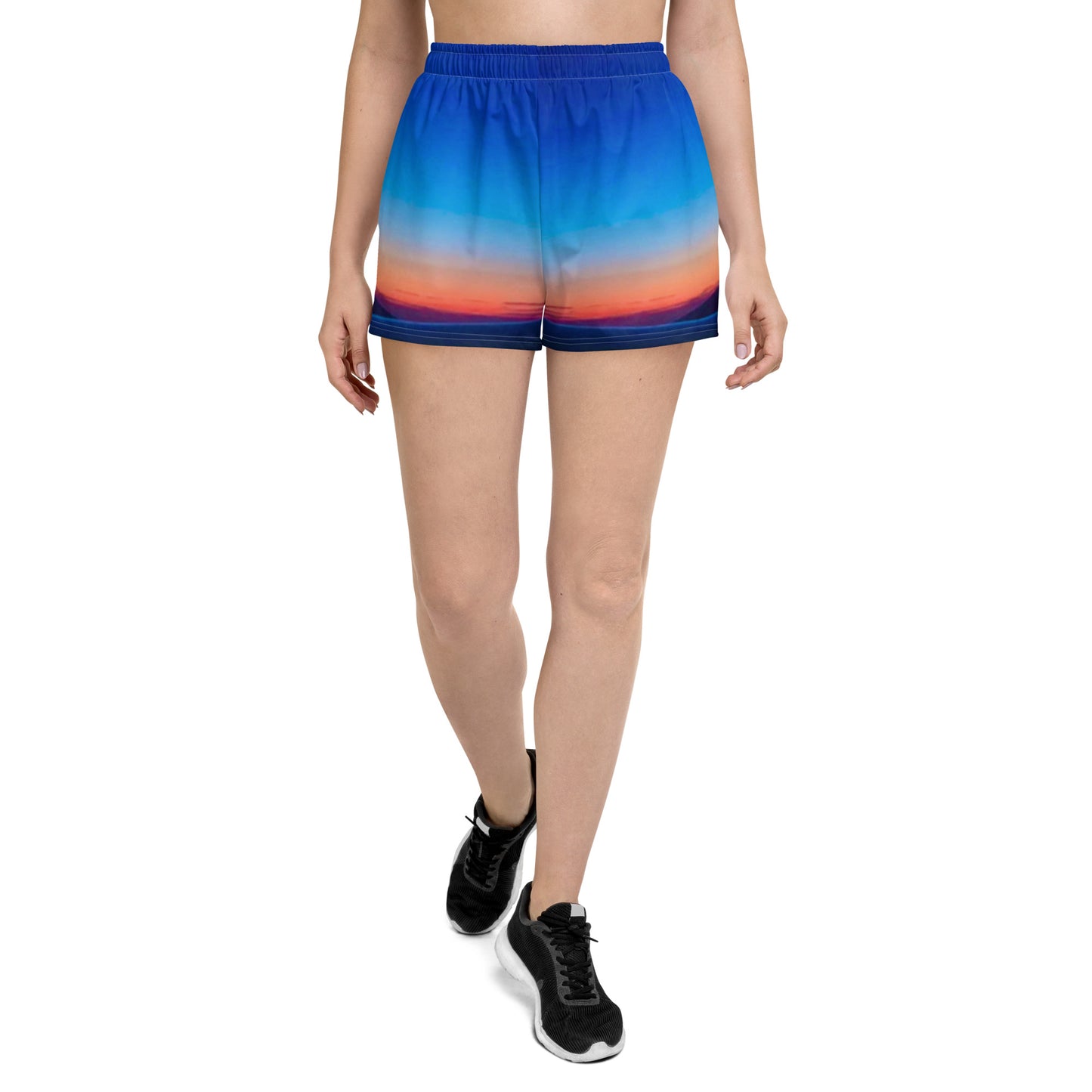 Kallistii skyline print running shorts with elastic waistband and sunset gradient design