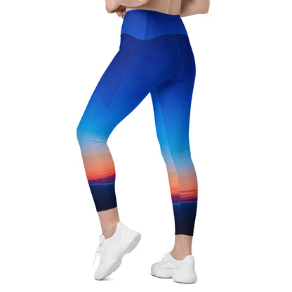 Kallistii skyline print womens leggings in blue with sunset colors and high waist design