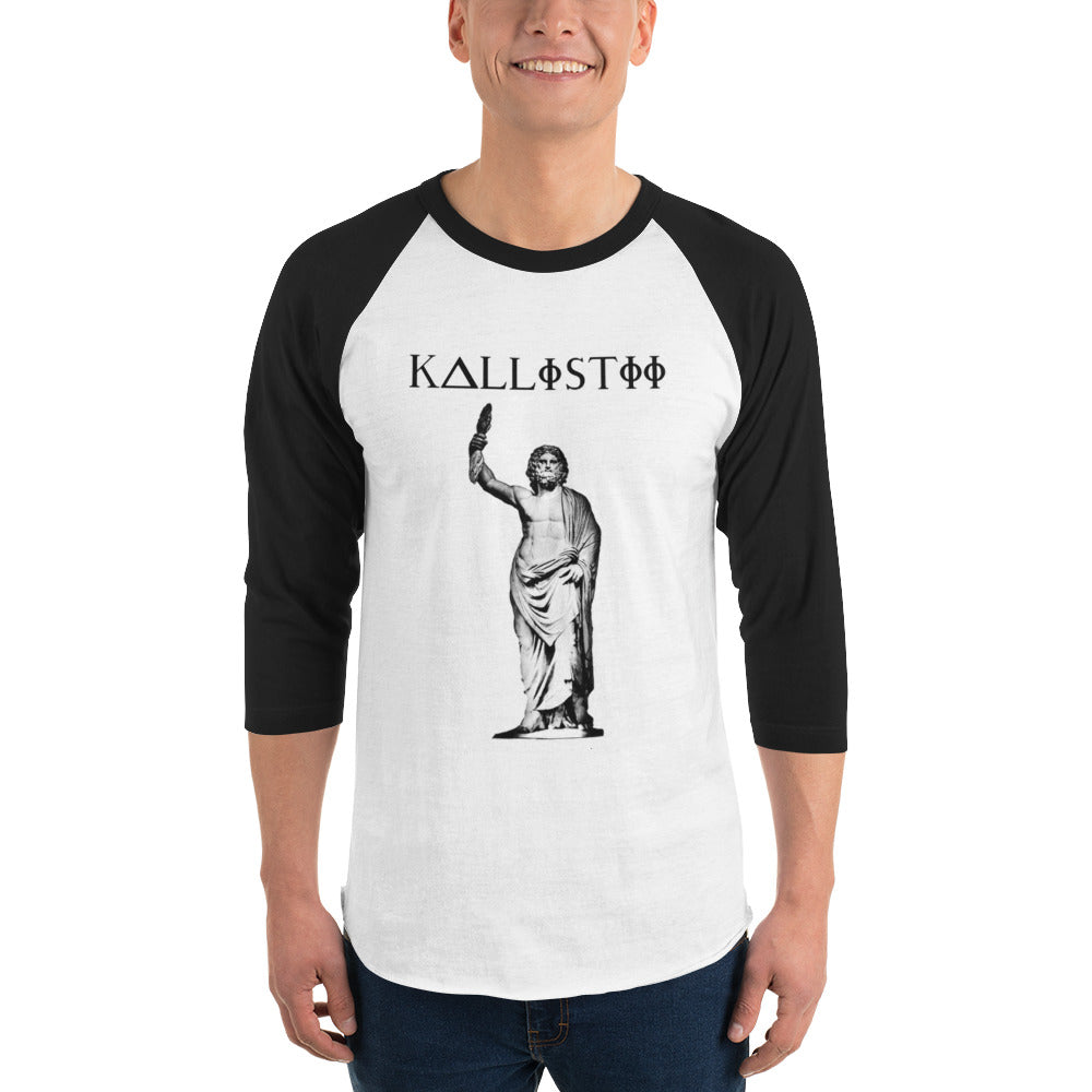 Kallistii Zeus raglan shirt with black sleeves and white body featuring ancient statue graphic