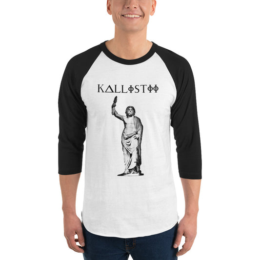 Kallistii Zeus raglan shirt with black sleeves and white body featuring ancient statue graphic