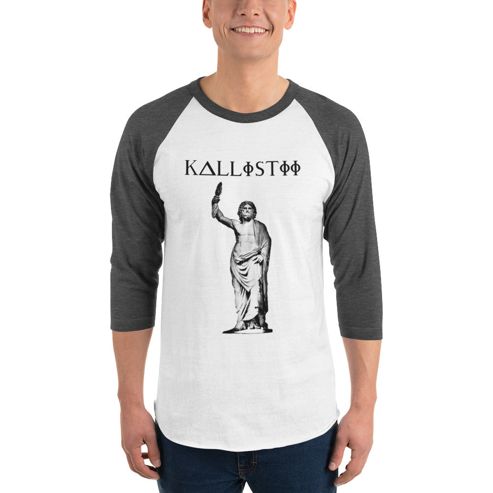 Kallistii Zeus raglan shirt with black sleeves and white body featuring a statue graphic and brand logo