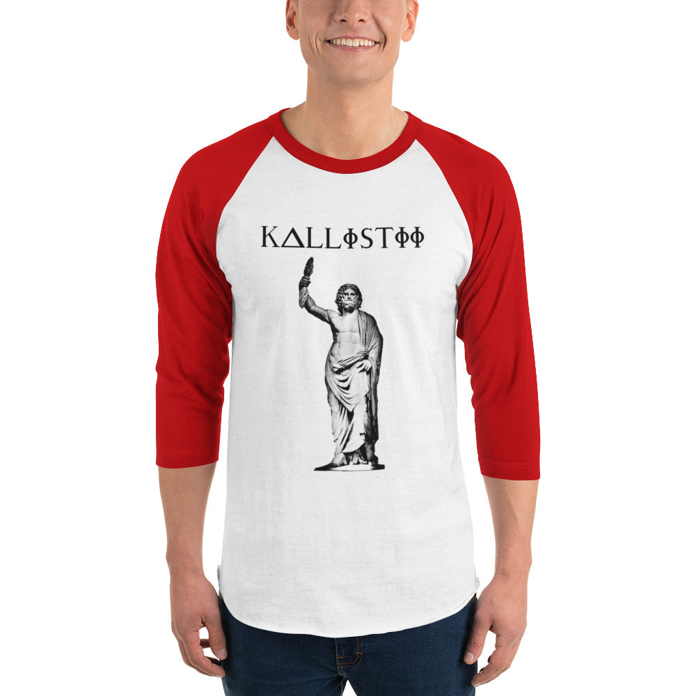 Kallistii Zeus raglan shirt with red sleeves and white body featuring a statue graphic and logo